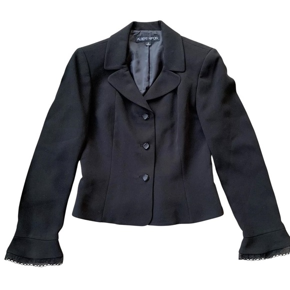 Albert Nipon Ruffle Lace Cuff Buttoned Formal Blazer Suit Jacket Black Size 4 - Picture 1 of 6